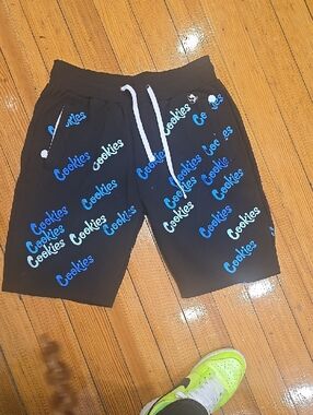 Men’s Black Athletic Shorts with Blue Logo Print